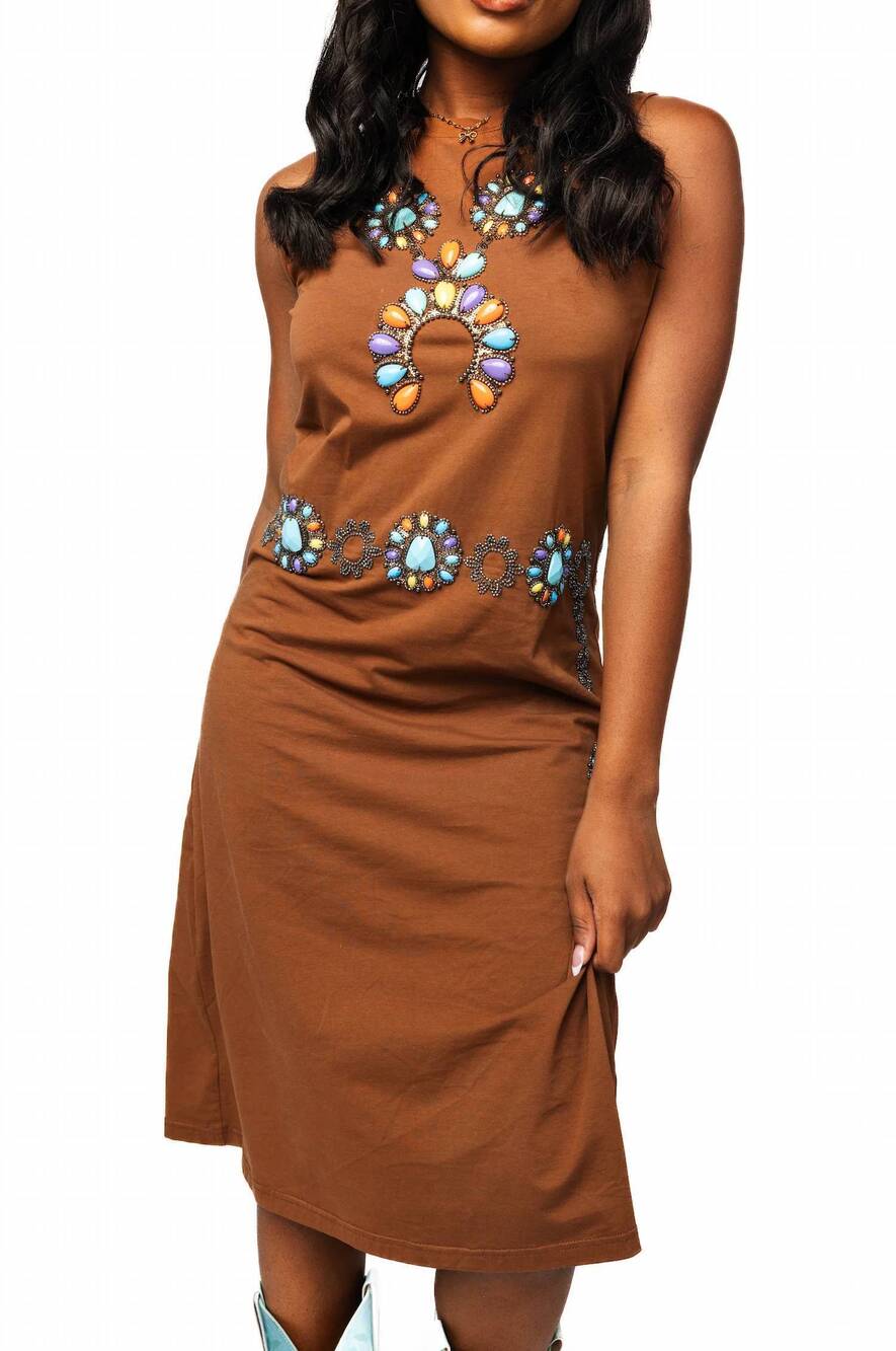 NEW QUEEN OF SPARKLES turquoise necklace tank midi dress in brown multi